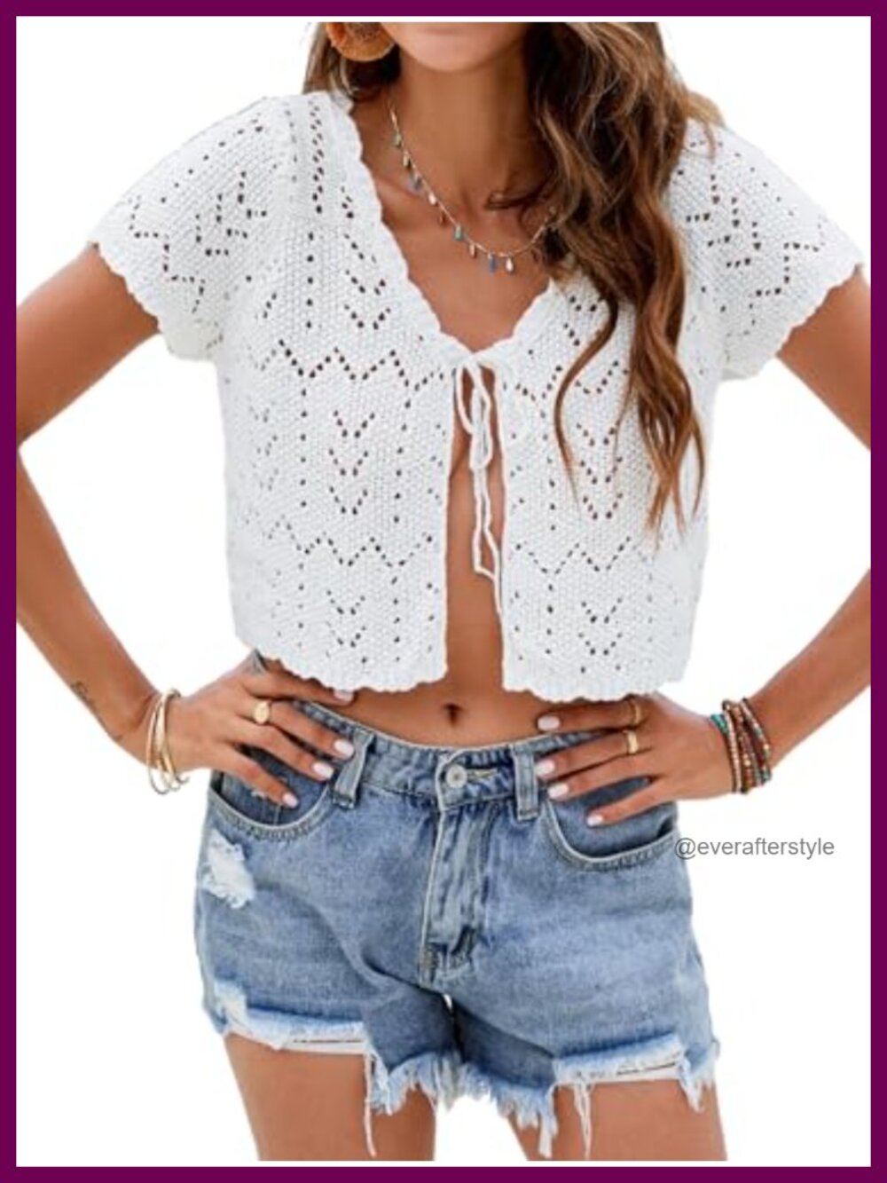 Crochet Knit Shrug Short Sleeve Tie-Front Cropped Cardigan